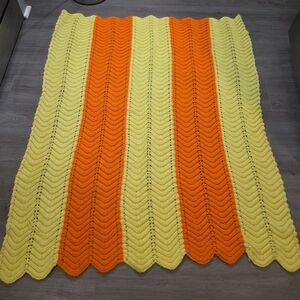 Vintage 90's Homemade Knit Throw 45 By 54 Orange Yellow Lap Blanket